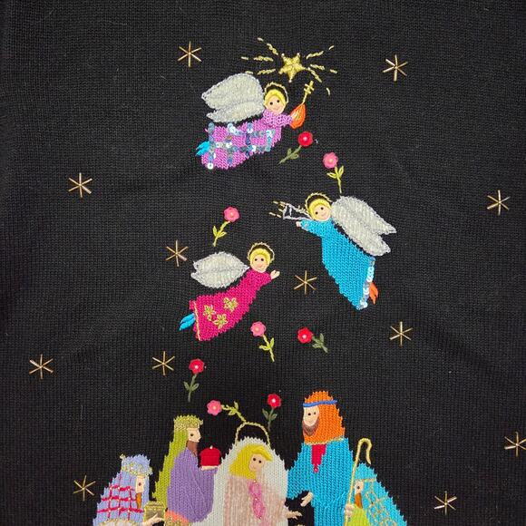 Vtg Quack Factory Nativity Baby Jesus Christmas Holiday Black Sweater 2XL EUC - Picture 4 of 8
